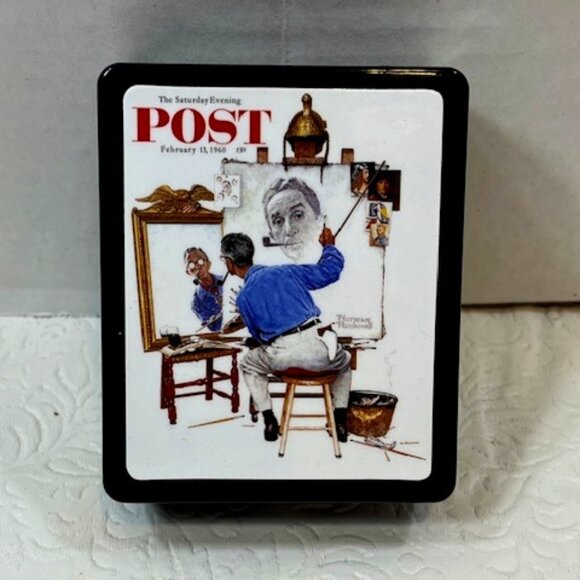 VTG Norman Rockwell Triple Self-Portrait Plastic Box w/Paper & Pencil 2.5"x3.25" - Picture 6 of 12
